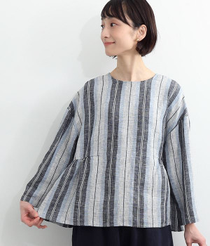 リネンストライプ2WAYプルオーバー(ブルー-L)