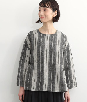 リネンストライプ2WAYプルオーバー(ブラック-L)