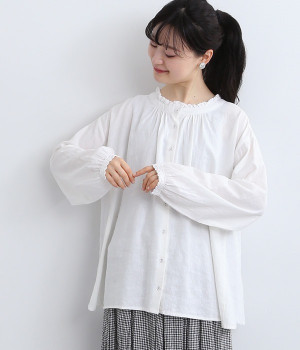 リネンコットンオックス レース使い2WAYブラウス(オフホワイト-LL)