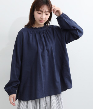 リネンコットンオックス レース使い2WAYブラウス(ネイビー-M)