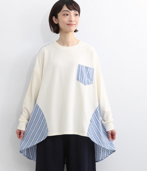 裏毛プリントルーズ ハイネック サイド切替フレアプルオーバー(アイボリー-ONESIZE)