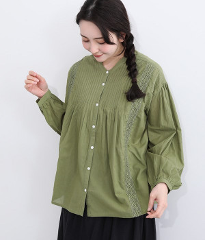コットンレースピンタック ブラウス(ライトカーキ-ONESIZE)