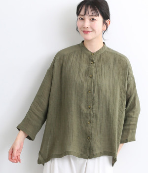 リネンガーゼ　スタンドカラー前後差シャツ(カーキ-ONESIZE)