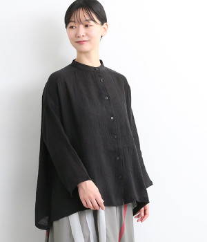 リネンガーゼ　スタンドカラー前後差シャツ(ブラック-ONESIZE)