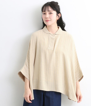 コットンリネンストライプ　襟付きワイドプルオーバー(エクリュ-L)