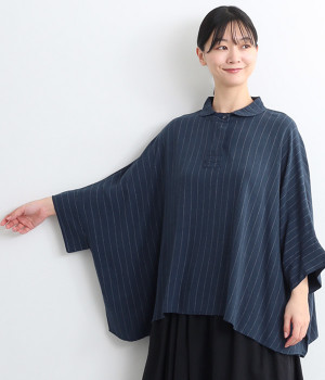 コットンリネンストライプ　襟付きワイドプルオーバー(ネイビー-L)
