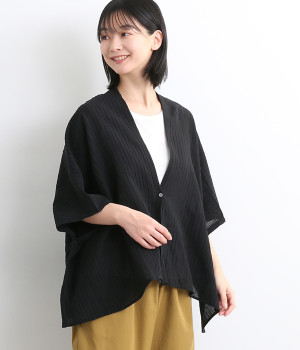 コットンリネンボイルドビー　後ろVサイドボタンドルマンカーデ(ブラック-M)