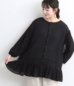 コットンワッシャー　前後2WAY裾フリルシャツ(ブラック-ONESIZE)