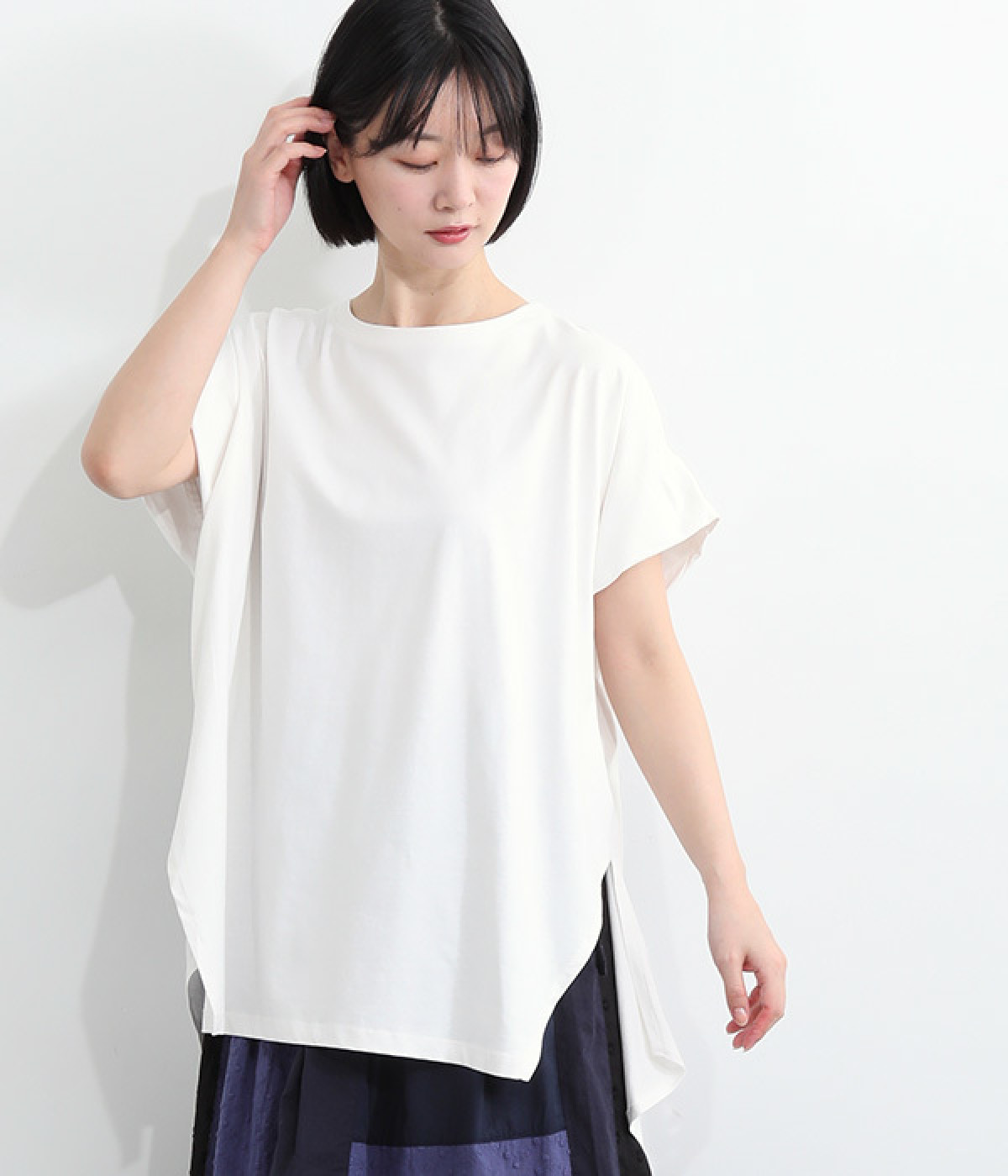 コットンマーセライズボックスシルエット　フレンチスリーブチュニック(オフホワイト-ONESIZE)