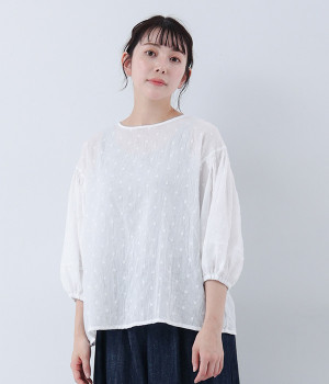 コットンドットドビー　2WAYギャザースリーブシャツ(オフホワイト-L)