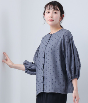 コットンドットドビー　2WAYギャザースリーブシャツ(ネイビー-L)