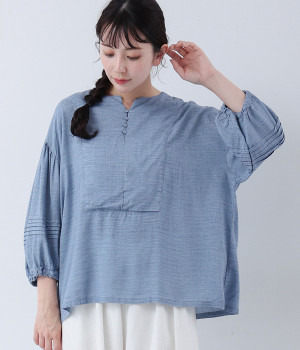 コットンリネンムラ染め　ヨーク切り替えプルオーバー(ブルー-ONESIZE)