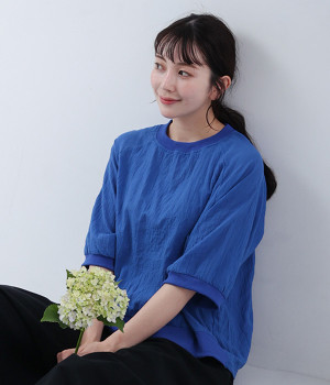 シャーリング　前後差ポケット付きプルオーバー(ブルー-L)