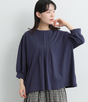 コットン天竺　ピンタックカットソー(ネイビー-L)