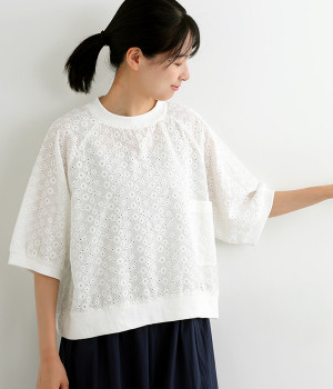 コットンオーバーレースプルオーバー(オフホワイト-L)