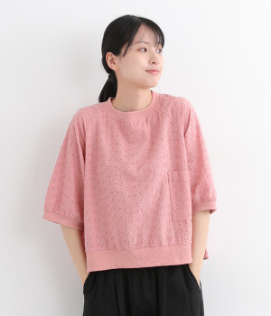 コットンオーバーレースプルオーバー(ピンク-L)