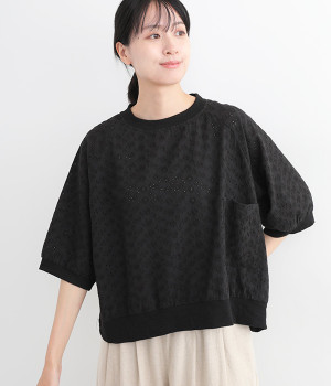 コットンオーバーレースプルオーバー(ブラック-L)