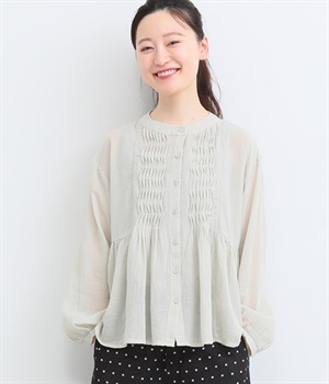 コットンリネンシングルガーゼピンタックギャザーブラウス(アイボリー-L)