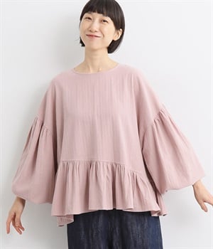 コットンソフトアムンゼン裾ななめフリルブラウス(ピンクグレー-L)