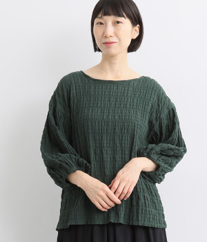 コットン混ボーダードビー2WAYブラウス(ダークグリーン-L)