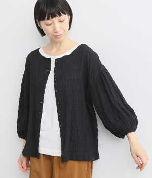 コットン混ボーダードビー2WAYブラウス(ブラック-L)