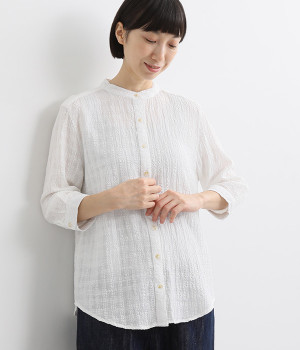 コットンリネンドビースラブスタンドネックシャツ(ホワイト-L)