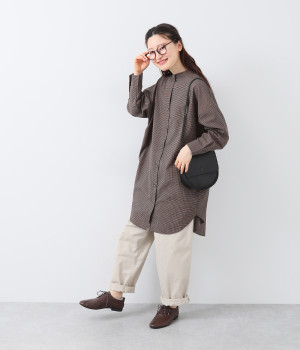 コットン混グラフチェックロングシャツ(ブラック-ONESIZE)