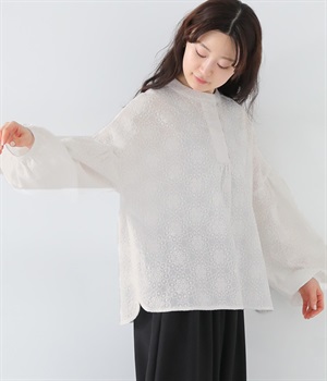 コットン花柄刺繍 スタンドカラープルオーバー(オフホワイト-L)