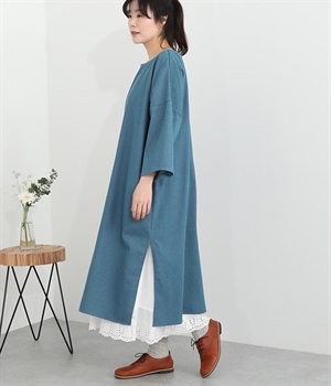 コットンデニム　ノーカラーワンピース