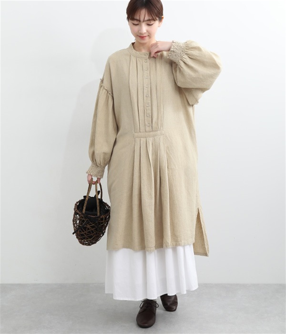 リネンレーヨンオックス無地 ピンタックワンピース(キナリ-M)