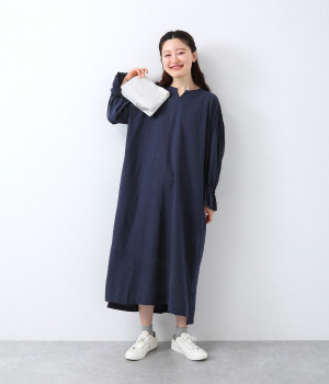 コットンオックスキーネック袖ギャザーワンピース(ネイビー-L)