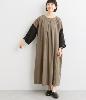 シャンブレー×チェック2WAY切り替えワンピース(ブラウン-M)
