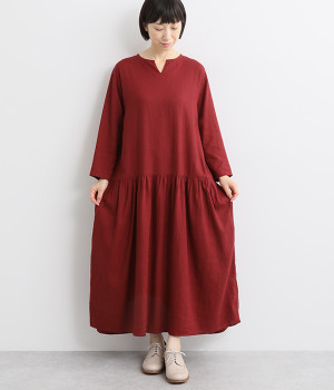 リネンレーヨンオックスウエストギャザーワンピース(ボルドー-L)