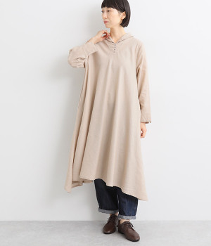 コットンラミー無地変形ヘムラインワンピース(ベージュ-L)