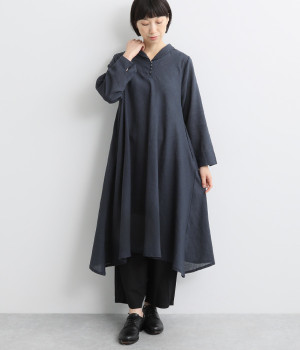 コットンラミー無地変形ヘムラインワンピース(ネイビー-L)