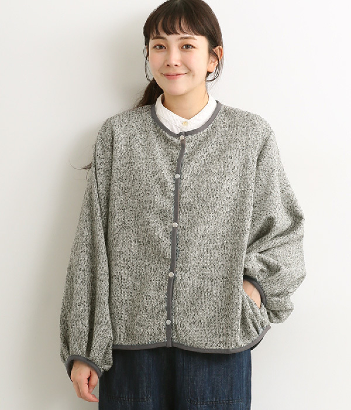 ネップツイードボリュームスリーブアウター(グレー-ONESIZE)