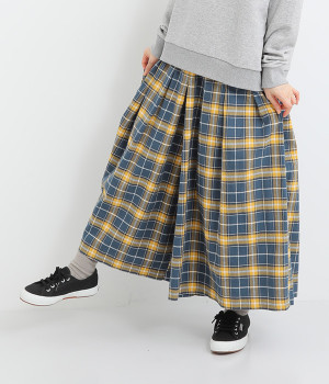 コットンオックスチェックタックワイドパンツ(ネイビー-L)