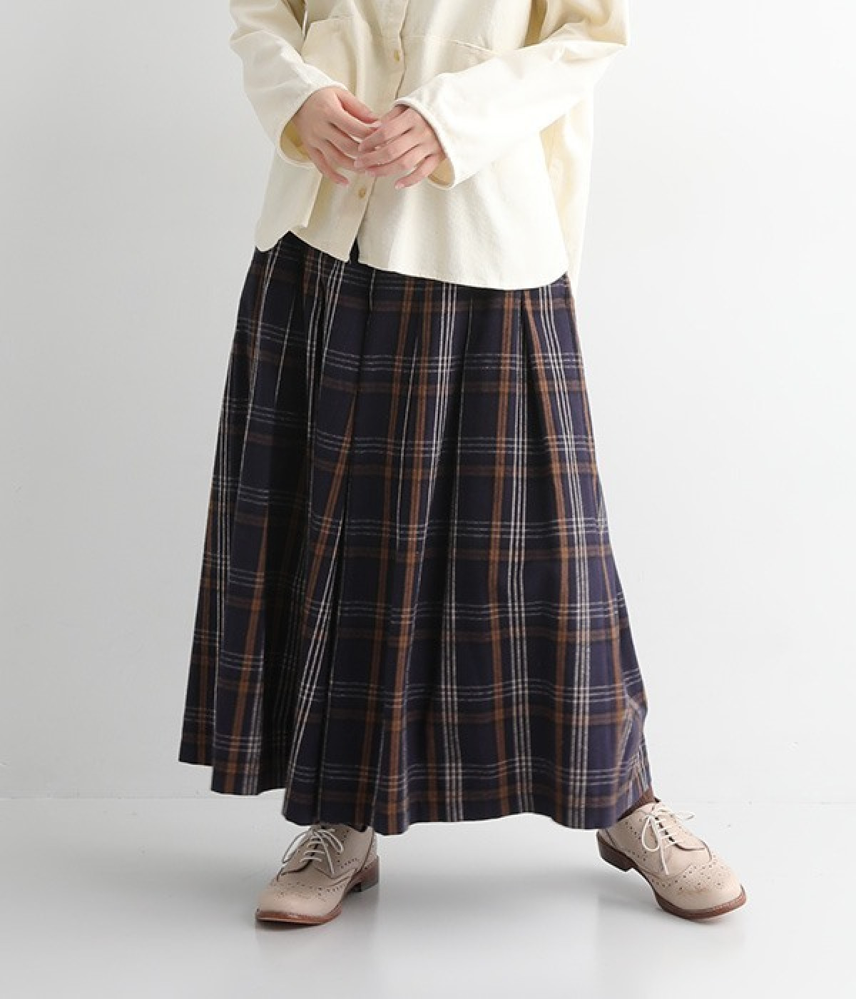 コットンビエラチェックタックワイドパンツ(ネイビー-M)