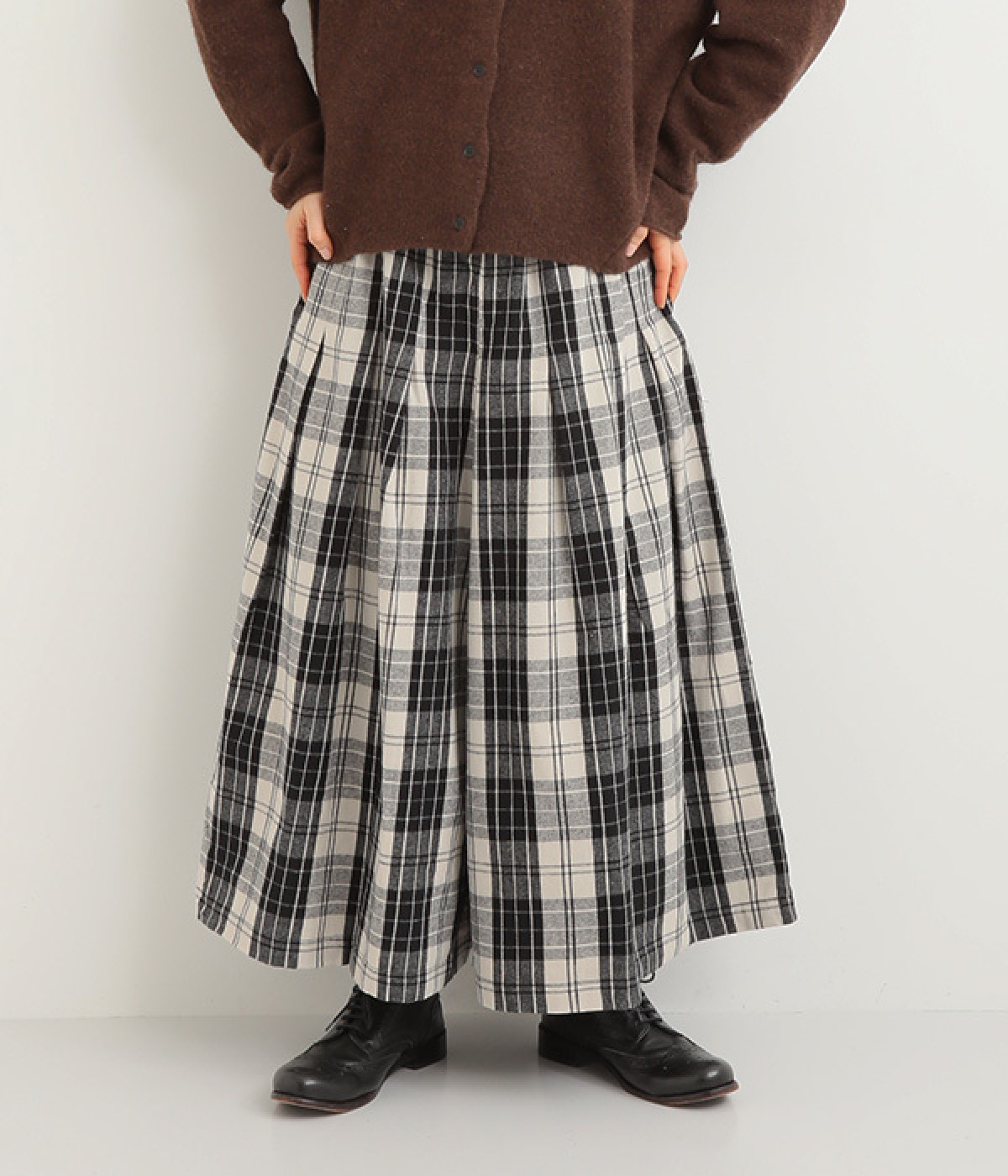 コットンビエラチェックタックワイドパンツ(オフホワイト-M)