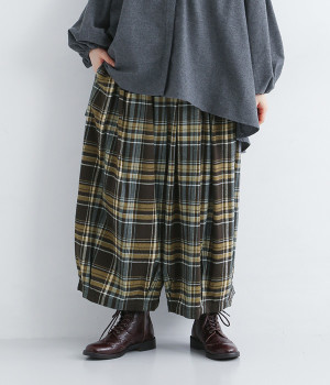 コットンビエラチェック柄バルーンパンツ(ブラウン-L)