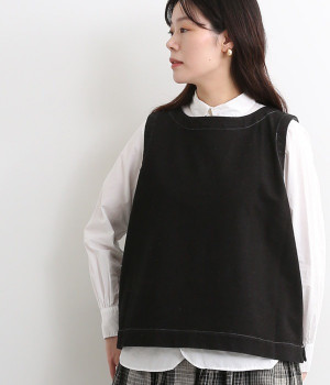 裏毛ニットデニム2WAYベスト(ブラック-L)