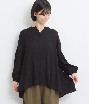 コットンジョーゼット 前あき袖口タックブラウス(ブラック-ONESIZE)