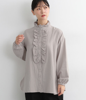 コットンオックス前あきフリルブラウス(ライトグレー-L)
