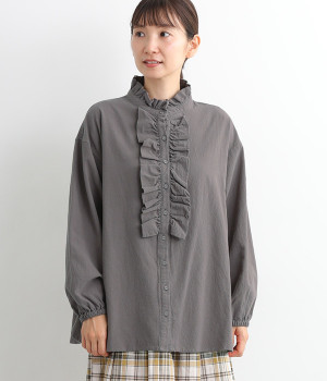 コットンオックス前あきフリルブラウス(チャコール-L)