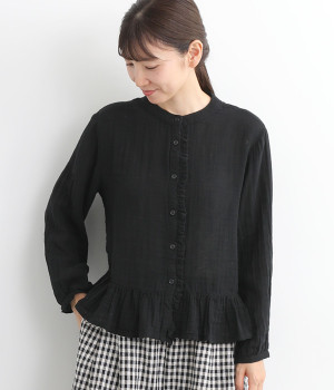 コットンWガーゼ裾ペプラム前あきブラウス