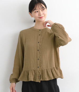 コットンWガーゼ裾ペプラム前あきブラウス(ベージュ-L)