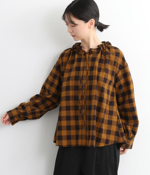 コットンブロックチェック襟ギャザーリボンブラウス(マスタード-L)