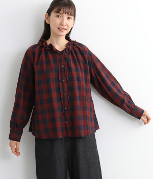 コットンブロックチェック襟ギャザーリボンブラウス(レッド-L)