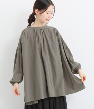 コットンオックス スモック丸首ギャザーブラウス(チャコール-L)