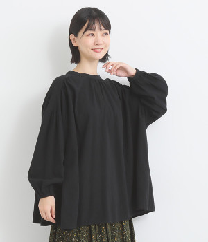 コットンオックス スモック丸首ギャザーブラウス(ブラック-L)